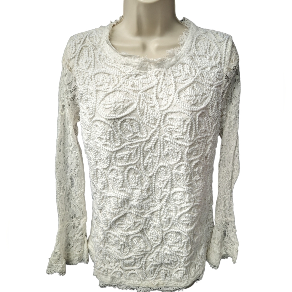 Soft Surroundings Floral Lace Trim Embellished Lilith Top Sz M